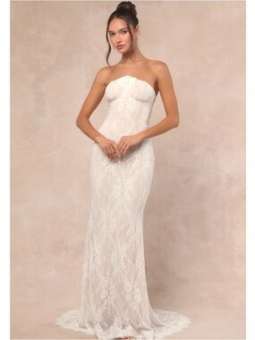 Lulus Valeria White Lace Strapless Bustier Wedding Maxi Dress NWT Medium
